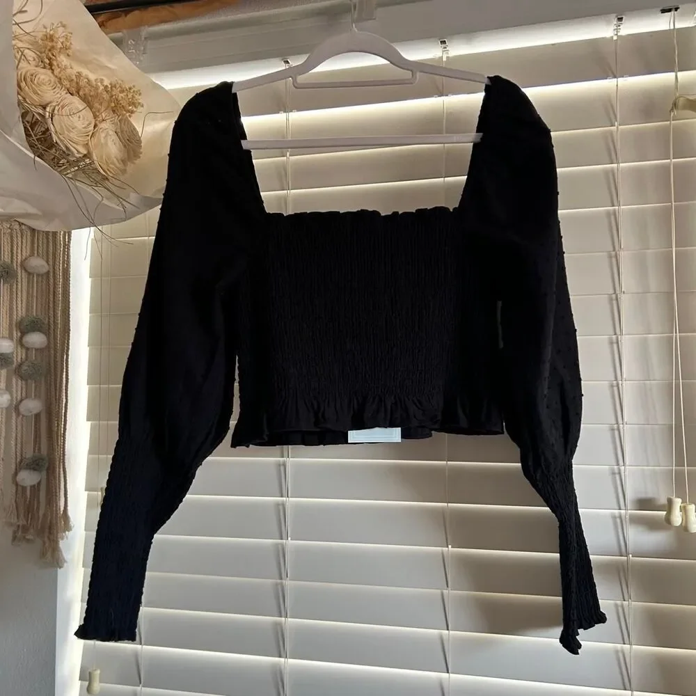 Hill House The Grace Nap Top Black Smocked Puff Sleeve Blouse Size L nwt